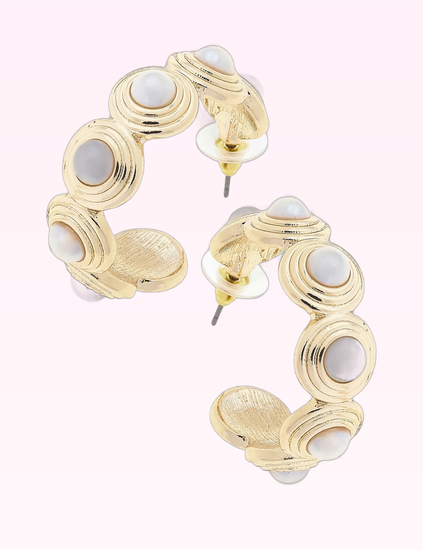 Ninety Nine Boutique super-pale pink accessory product photo: Cooper Caged Pearl Hoop Earrings in Shiny Gold (September 30, 2026)