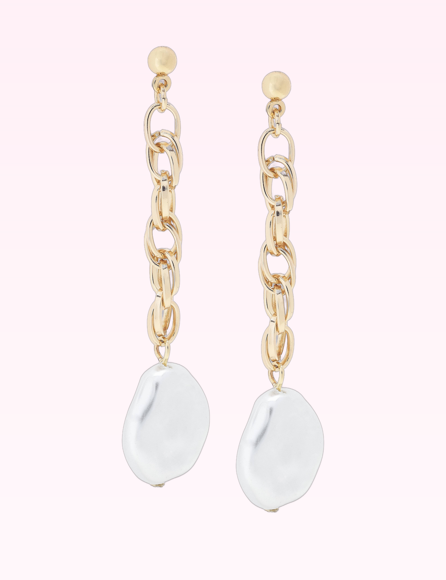 Ninety Nine Boutique super-pale pink accessory product photo: Violetta Baroque Pearl Chain Earrings in Shiny Gold (September 30, 2026)