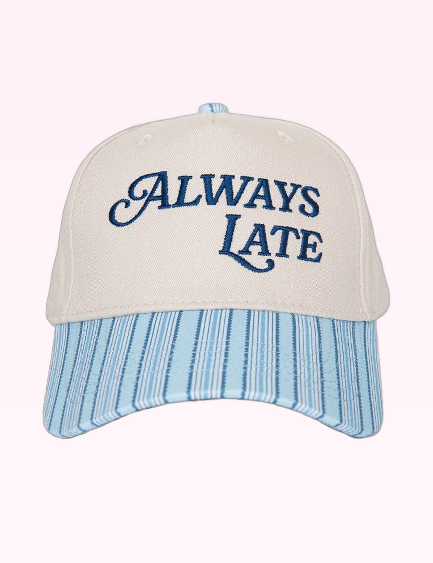 Ninety Nine Boutique super-pale pink accessory product photo: Blue Always Late Trucker Hat (September 30, 2026)
