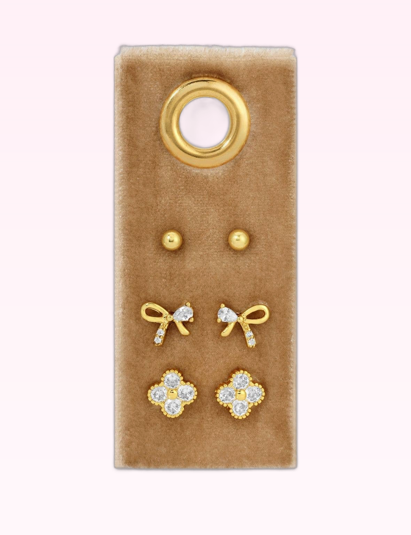 Ninety Nine Boutique super-pale pink accessory product photo: Set/3 Bow Accented Stud Set on Velvet Tag (September 30, 2026)