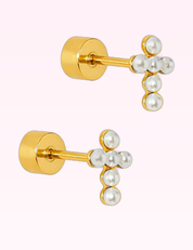 Ninety Nine Boutique super-pale pink accessory product photo: Screwback Stud Earrings Clara Cross Pearl (September 30, 2026)