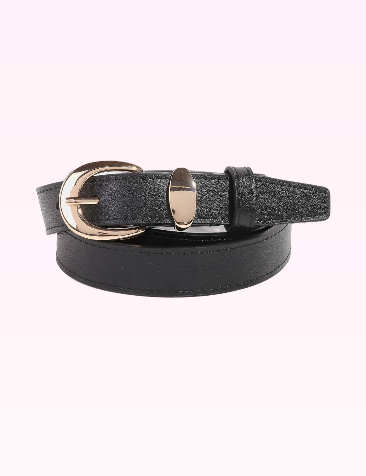 Ninety Nine Boutique super-pale pink accessory product photo: Black & Gold Metallic Crescent Buckle Leather Belt (September 30, 2026)