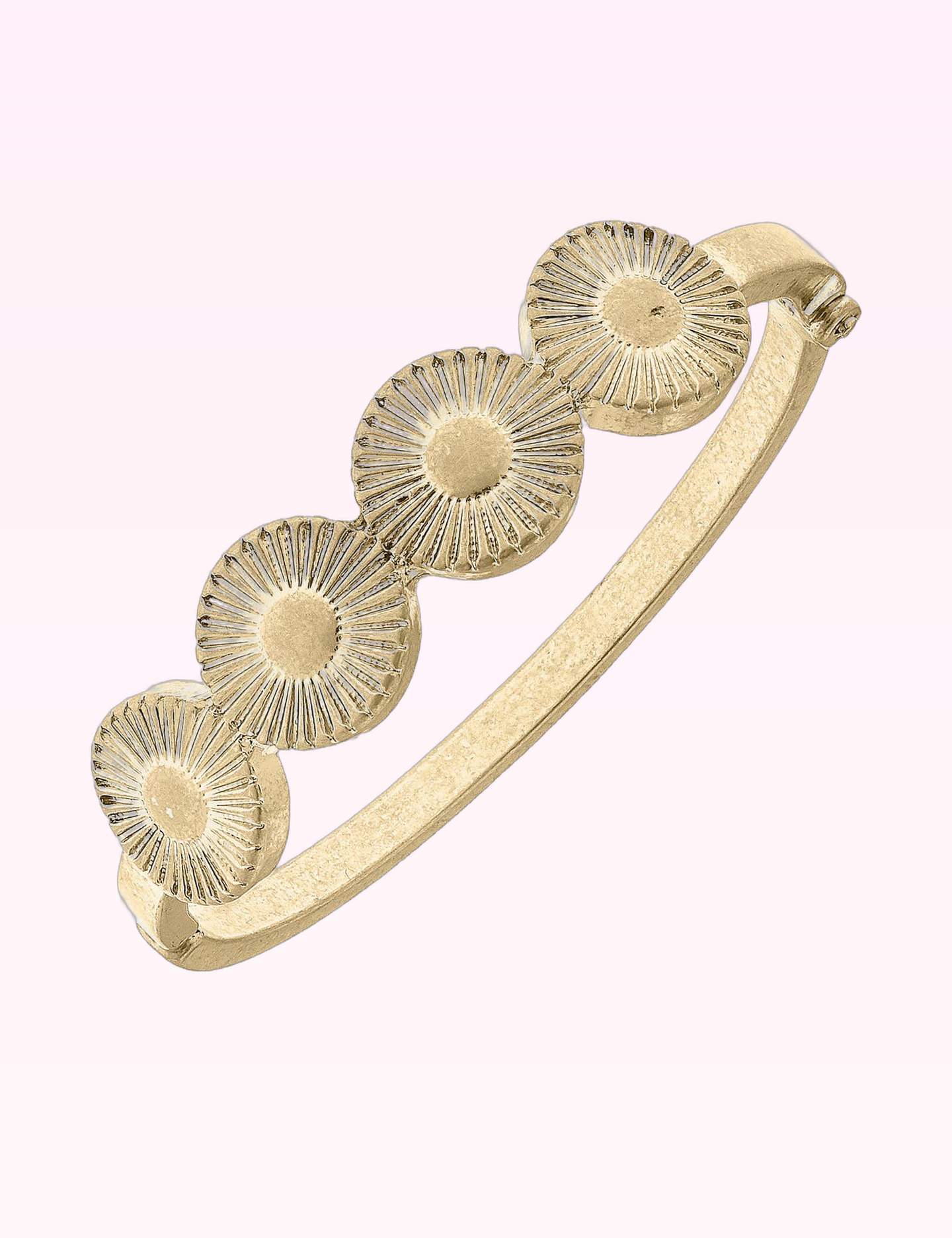 Ninety Nine Boutique super-pale pink accessory product photo: Sienna Fluted Metal Disc Hinge Bangle in Worn Gold (September 30, 2026)