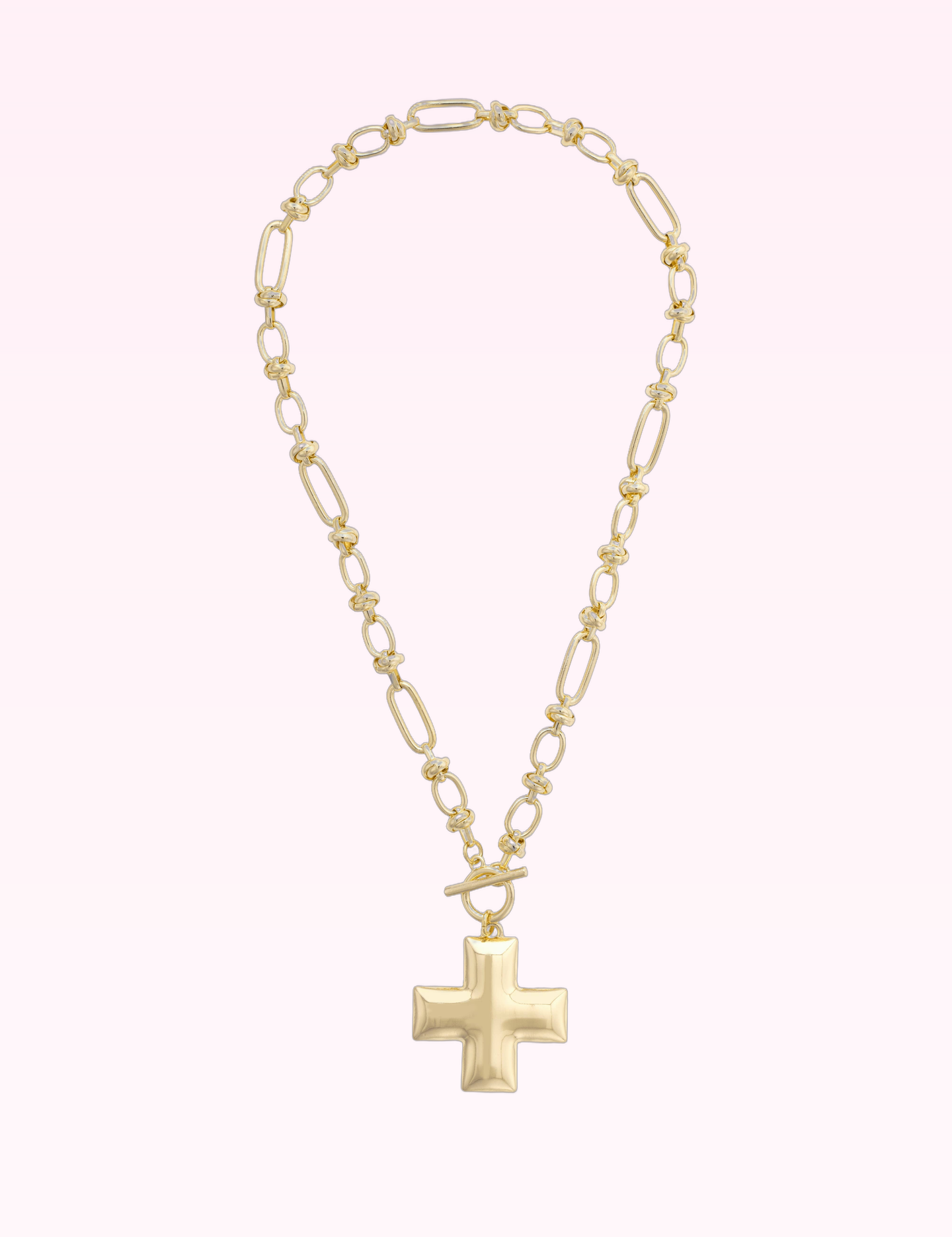 Ninety Nine Boutique super-pale pink accessory product photo: Macy Square Cross Toggle Necklace in Shiny Gold (September 30, 2026)