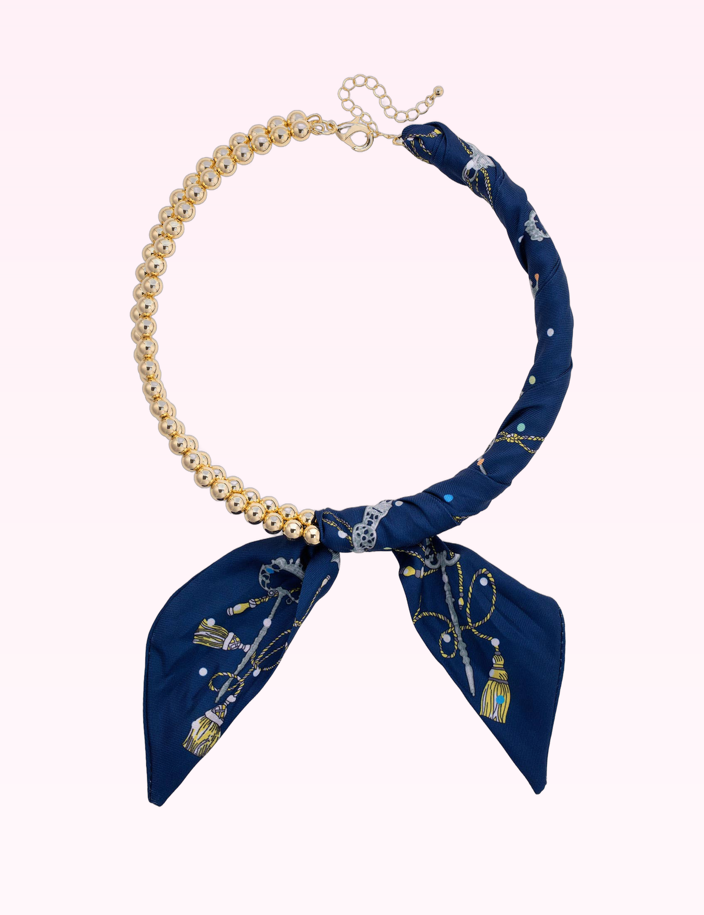 Ninety Nine Boutique super-pale pink accessory product photo: Elodie Ball Bead Scarf Necklace in Navy & Seafoam (September 30, 2026)