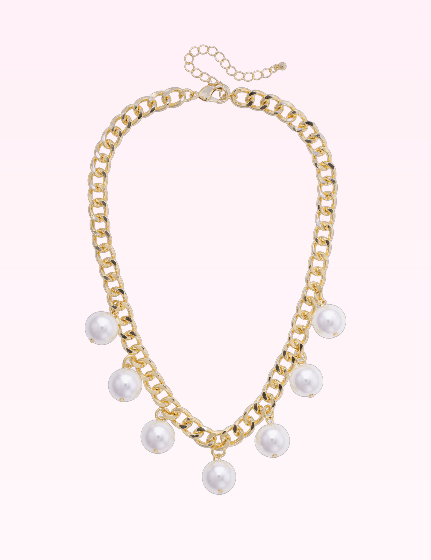 Ninety Nine Boutique super-pale pink accessory product photo: Maribel Pearl Statement Chain Necklace in Shiny Gold (September 30, 2026)
