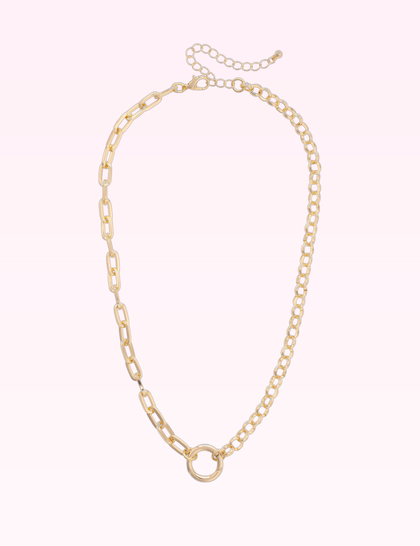 Ninety Nine Boutique super-pale pink accessory product photo: Essex Half & Half Linked Necklace in Shiny Gold (September 30, 2026)