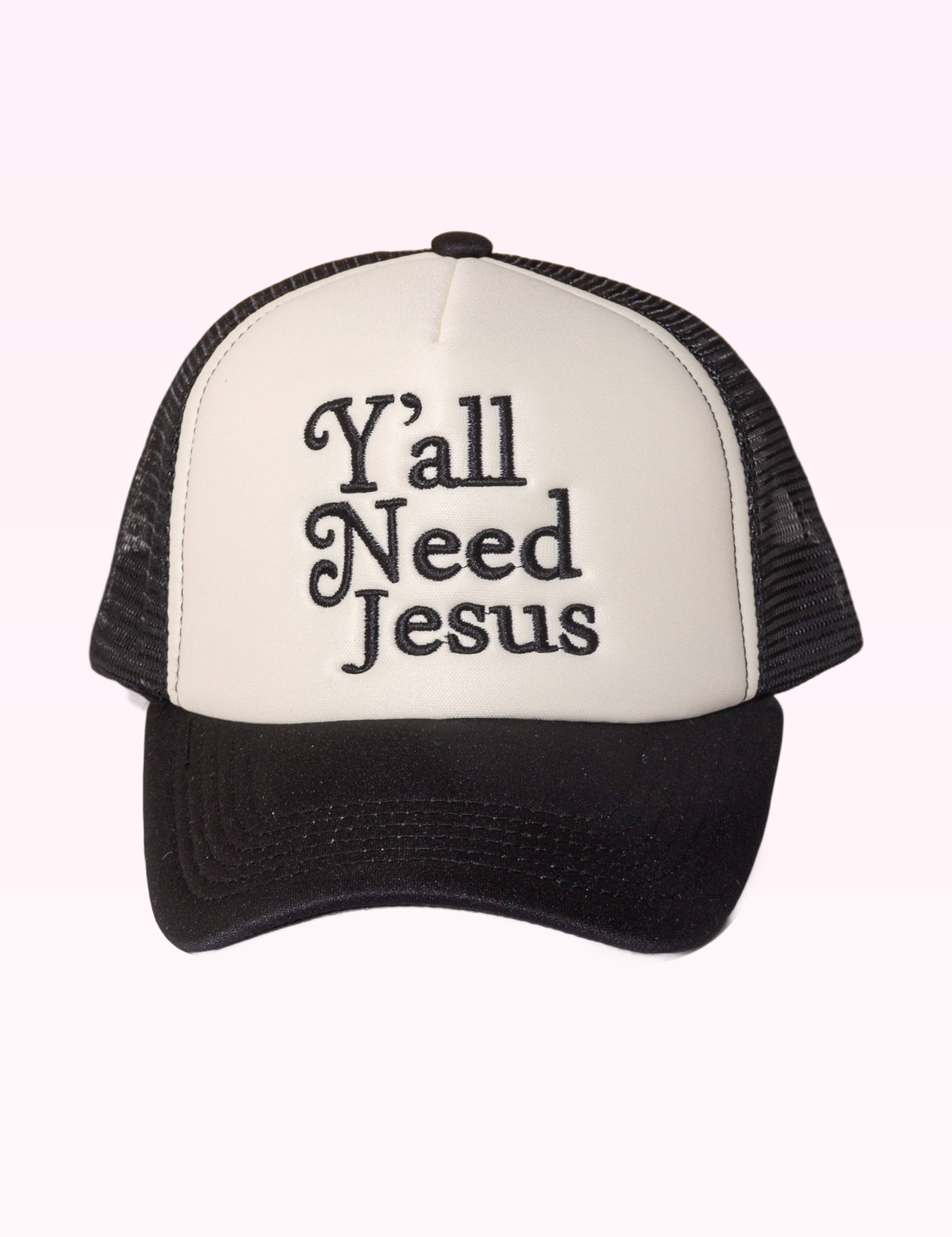 Ninety Nine Boutique super-pale pink accessory product photo: Y'all Need Jesus Mesh Back Trucker Hat (September 30, 2026)