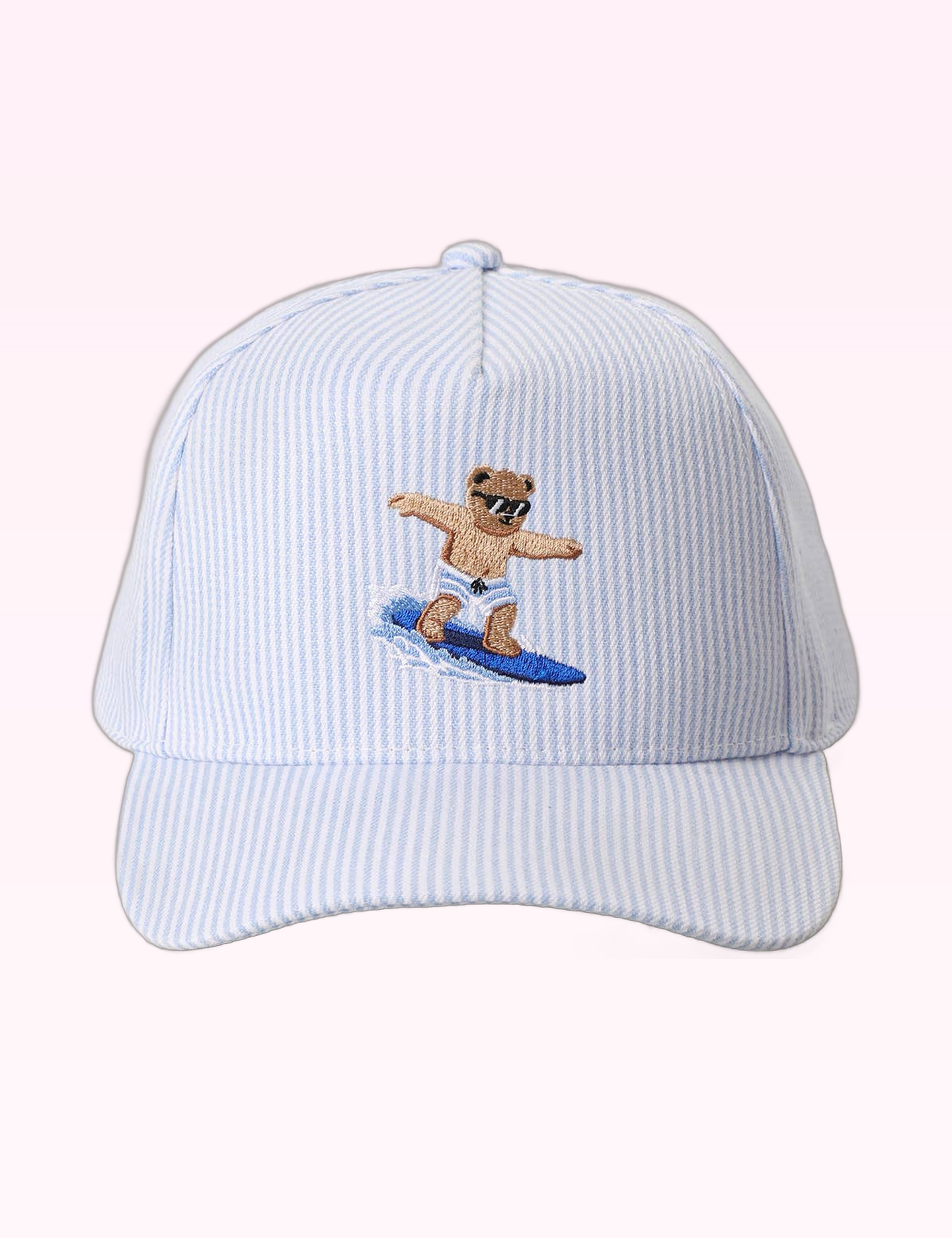 Ninety Nine Boutique super-pale pink accessory product photo: Light Blue Surfing Bear Trucker Hat (September 30, 2026)