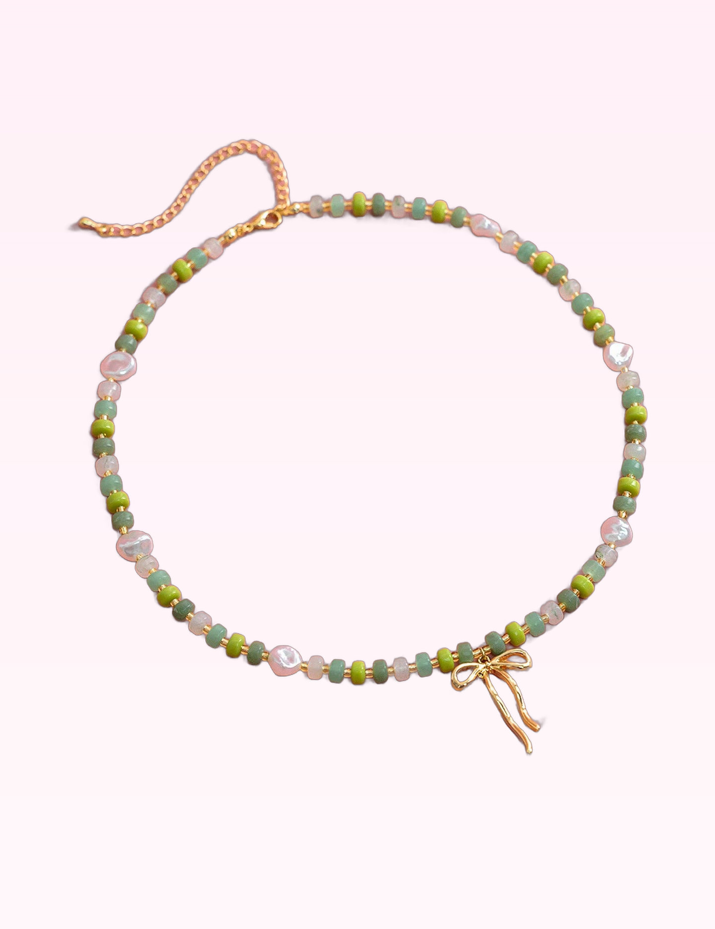 Ninety Nine Boutique super-pale pink accessory product photo: Pastel Crush Coquette Bead Pearl Necklace: Olive (September 30, 2026)