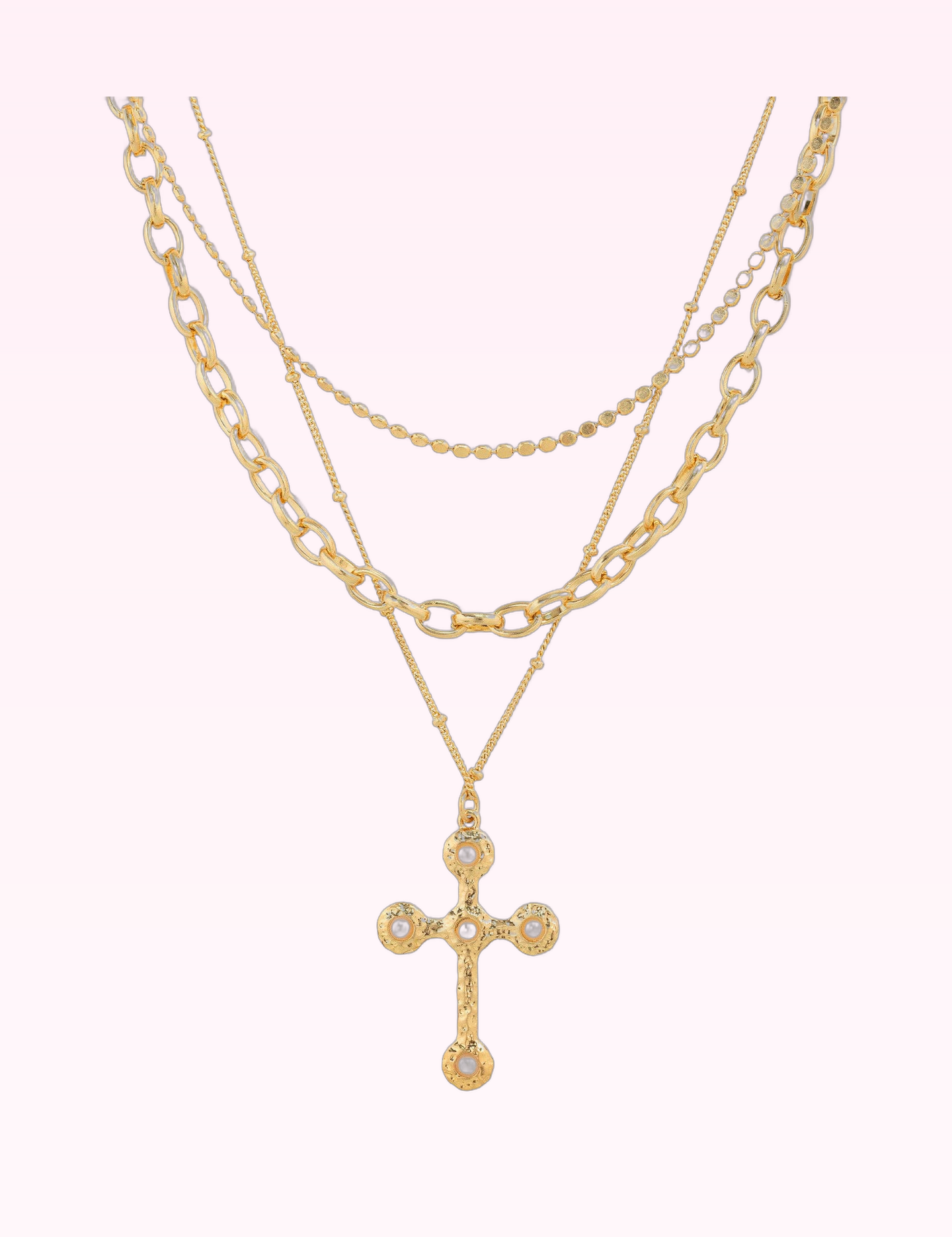 Ninety Nine Boutique super-pale pink accessory product photo: 3 Layered Vintage Hammered Cross Necklace (September 30, 2026)