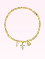 Ninety Nine Boutique super-pale pink accessory product photo: Gold Cross & Heart Charm Beaded Stretch Bracelet (September 30, 2026)
