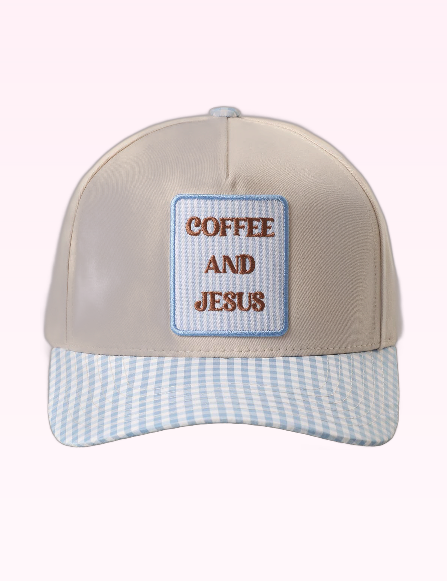 Ninety Nine Boutique approved 10:13 accessory photo: Light Blue Coffee & Jesus Gingham Hat (September 29, 2026)