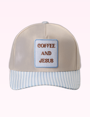 Ninety Nine Boutique approved 10:13 accessory photo: Light Blue Coffee & Jesus Gingham Hat (September 29, 2026)