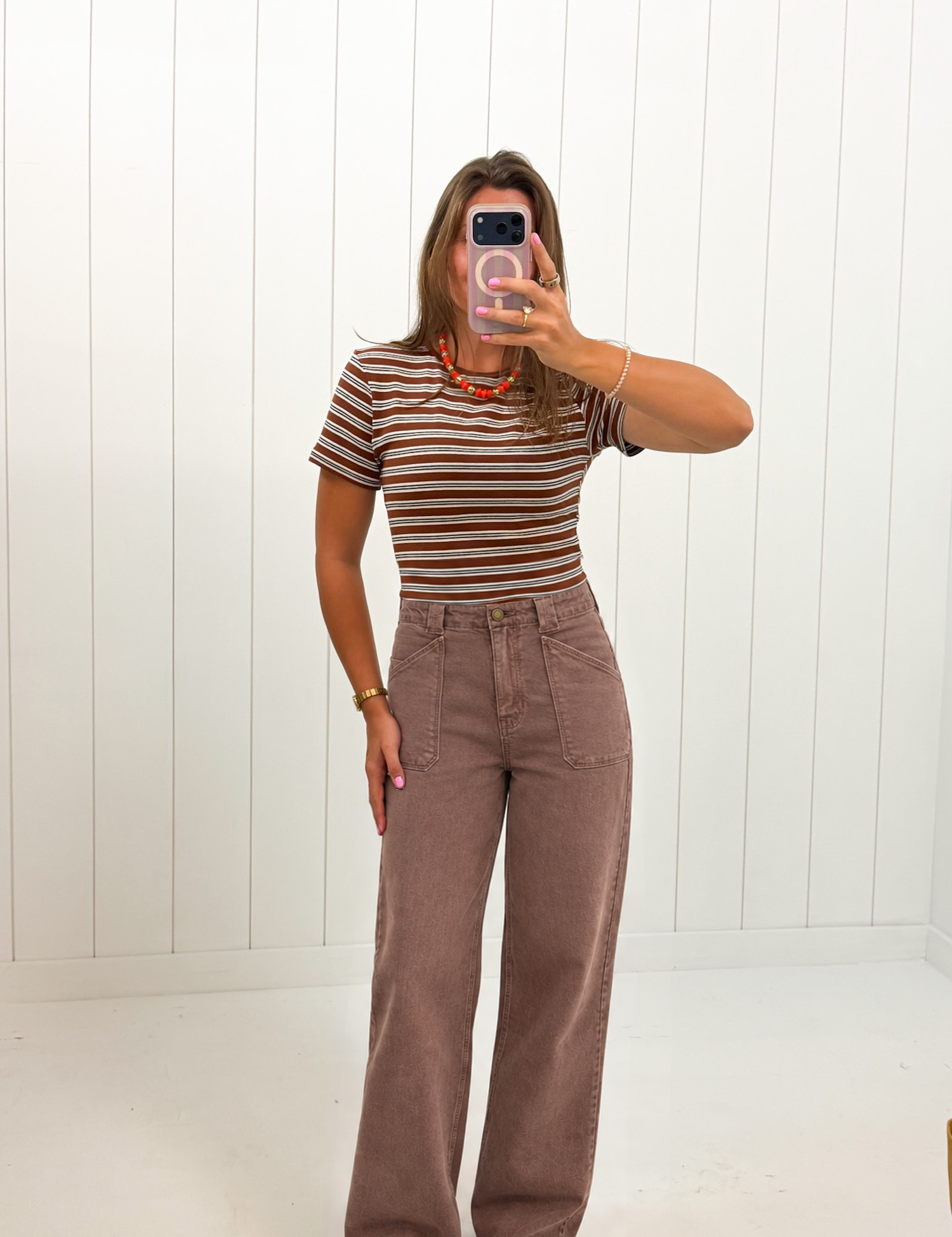 Brown Patch Pocket Wide Leg Flare