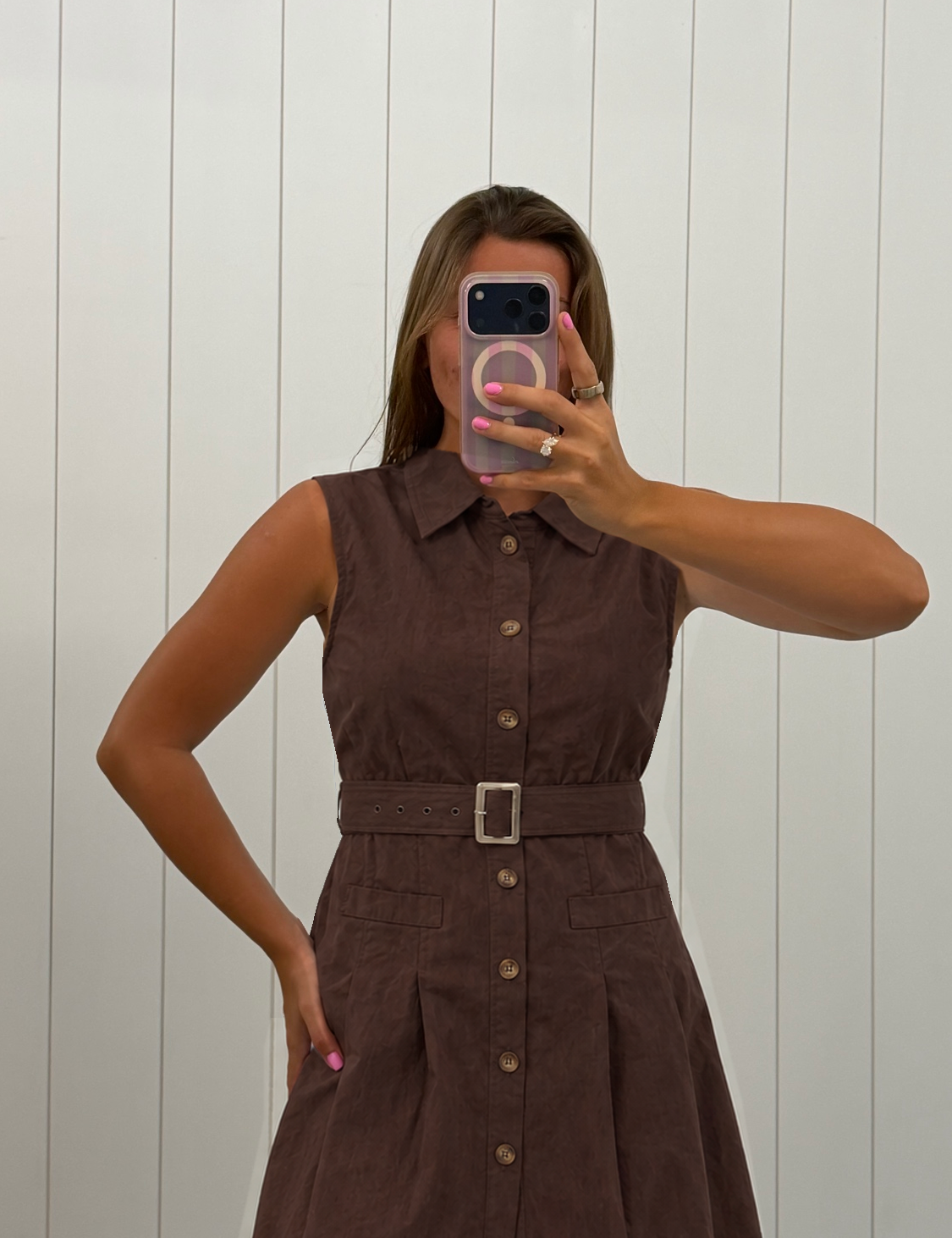 Brown Belted Sleeveless Shirt Dress