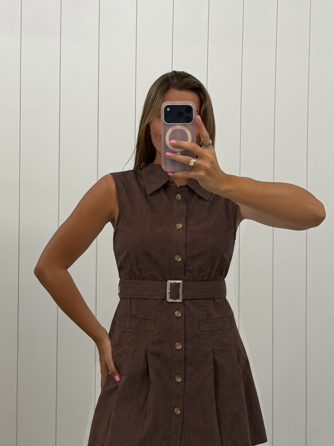 Brown Belted Sleeveless Shirt Dress