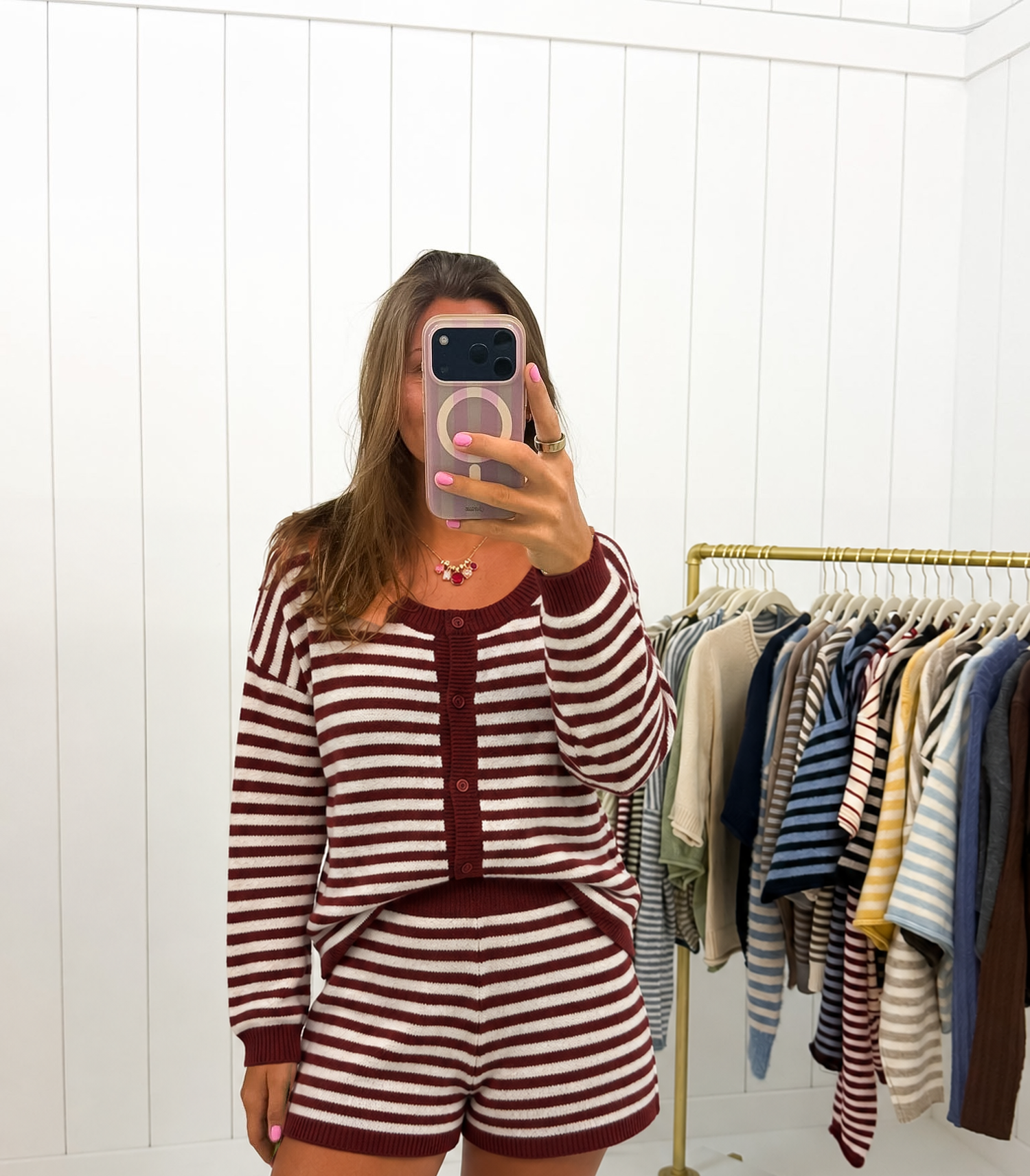 Striped Button Contrast Cardigan Set