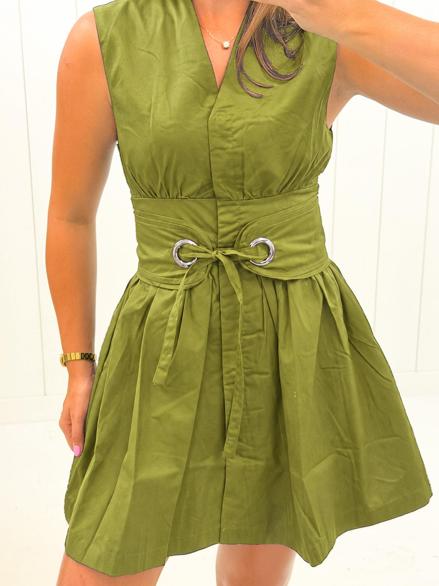 Green Fit & Flare Belt Mini Dress