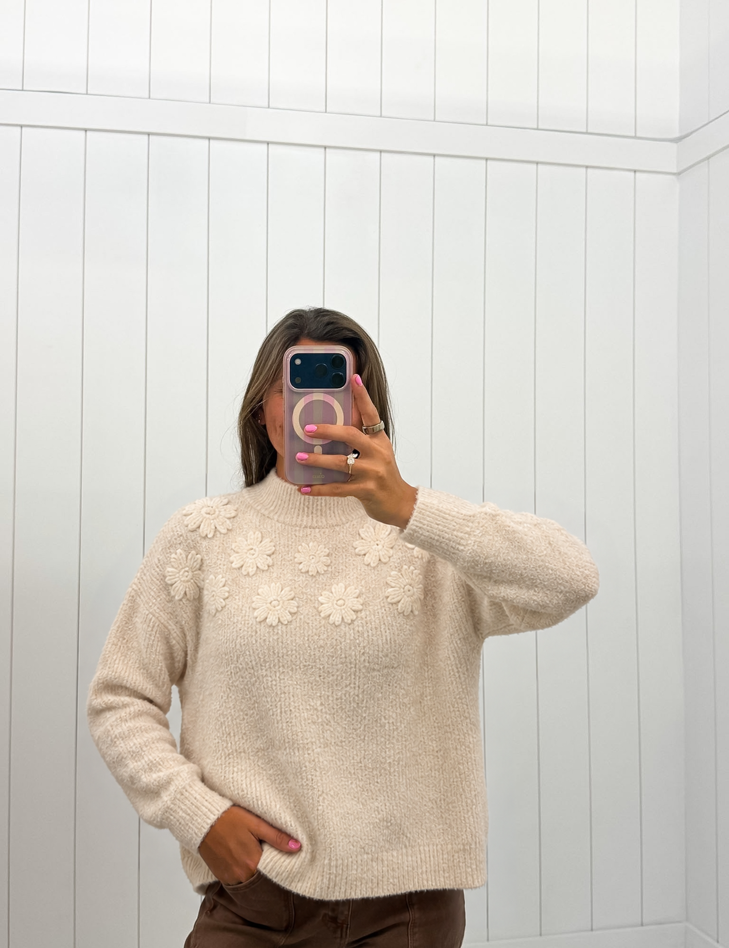 Mock Neck Flower Emboderiy Sweater