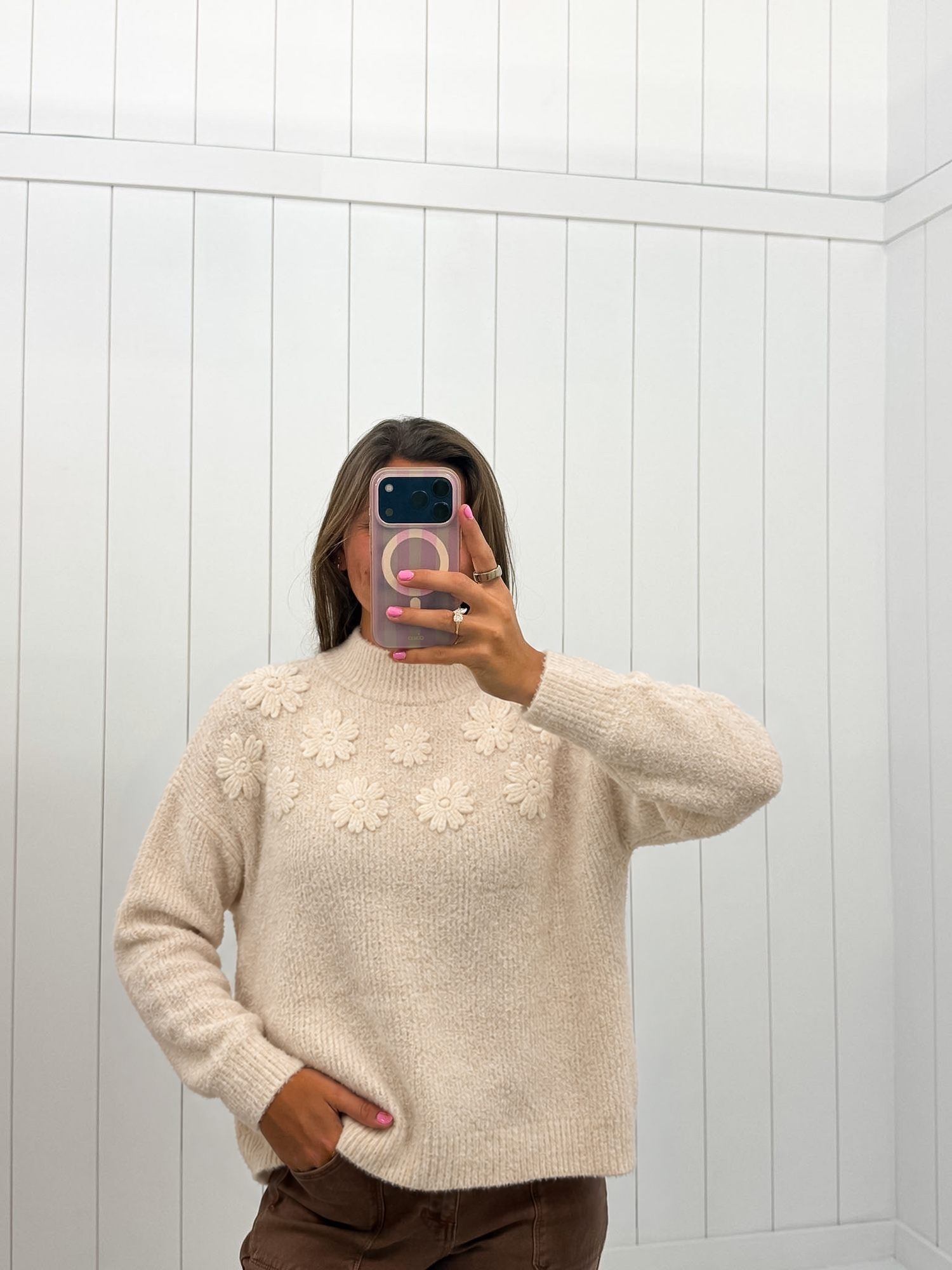 Mock Neck Flower Emboderiy Sweater