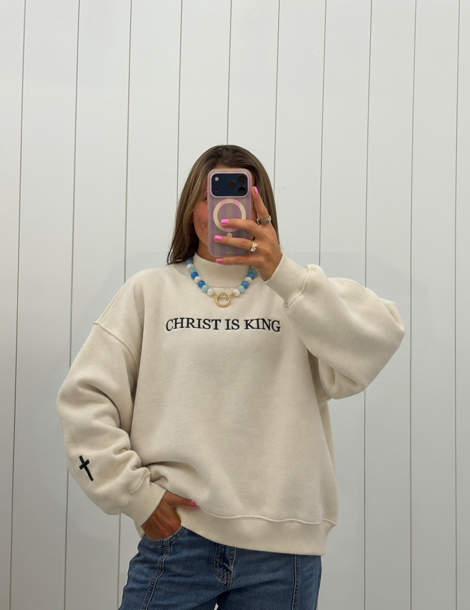 Beige 'CHRIST IS KING' Embroidered Mockneck