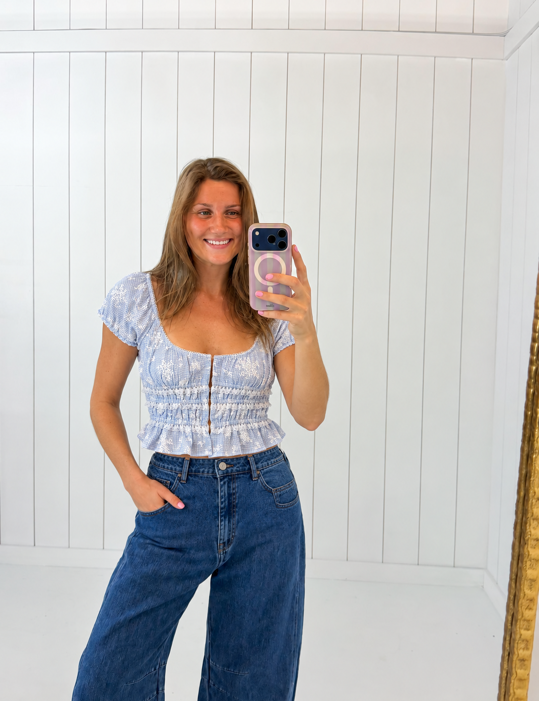 Blue Smocked Ruffle Crop Top