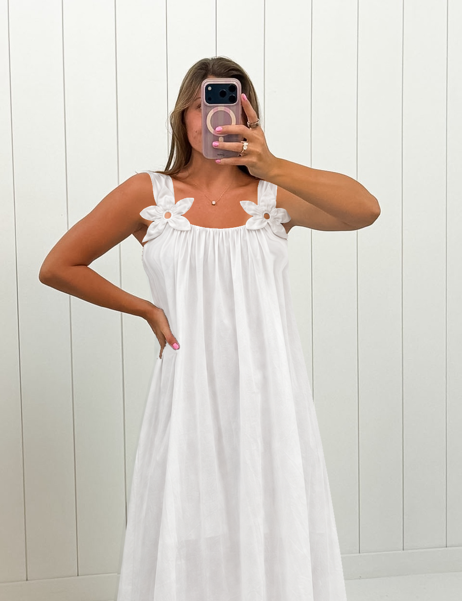 AI-assisted Embroidered Floral Shoulder Maxi Dress styling, revised floral-shoulder-dress photo with soft room lighting