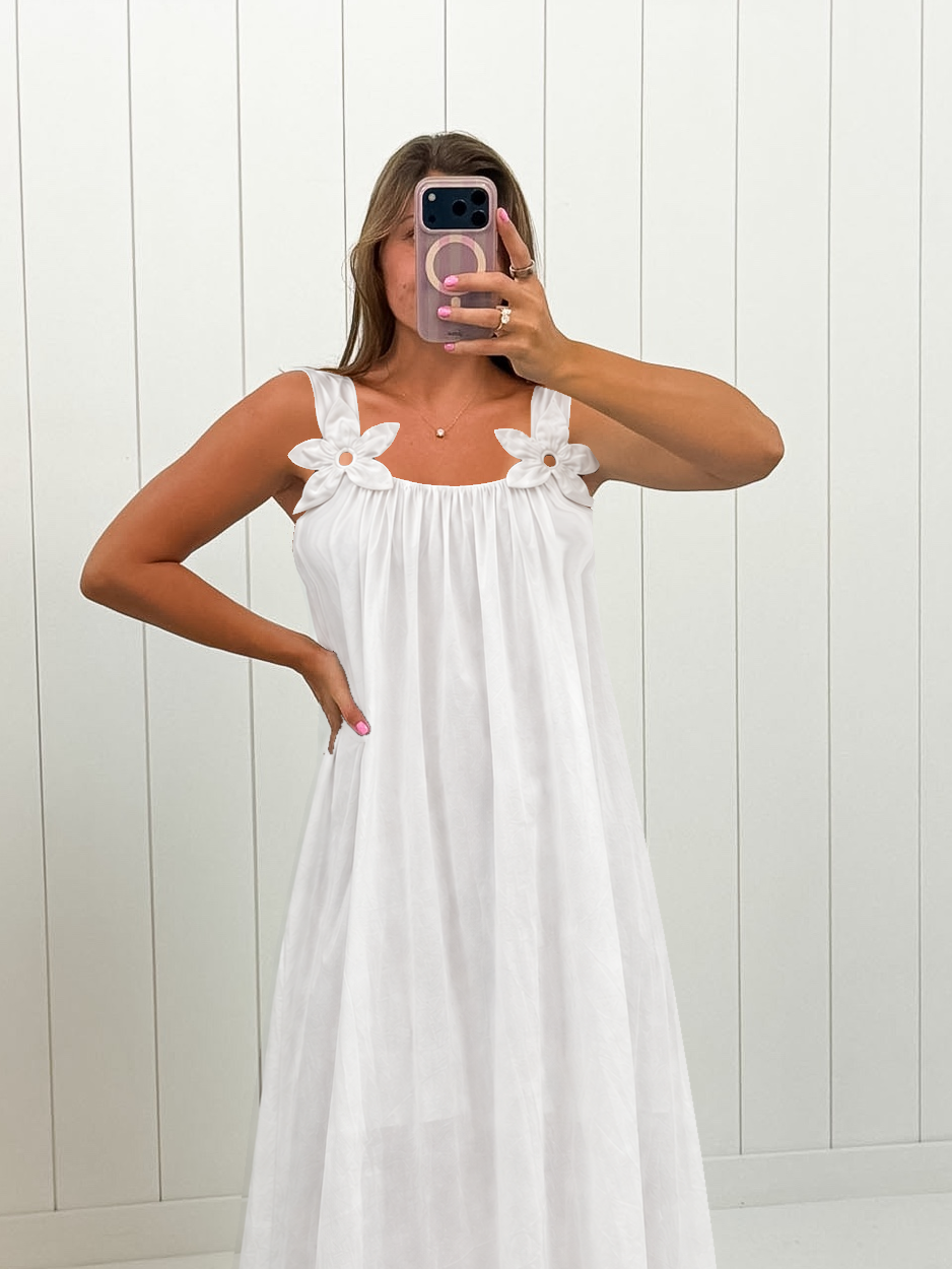 AI-assisted Embroidered Floral Shoulder Maxi Dress styling, revised floral-shoulder-dress photo with soft room lighting