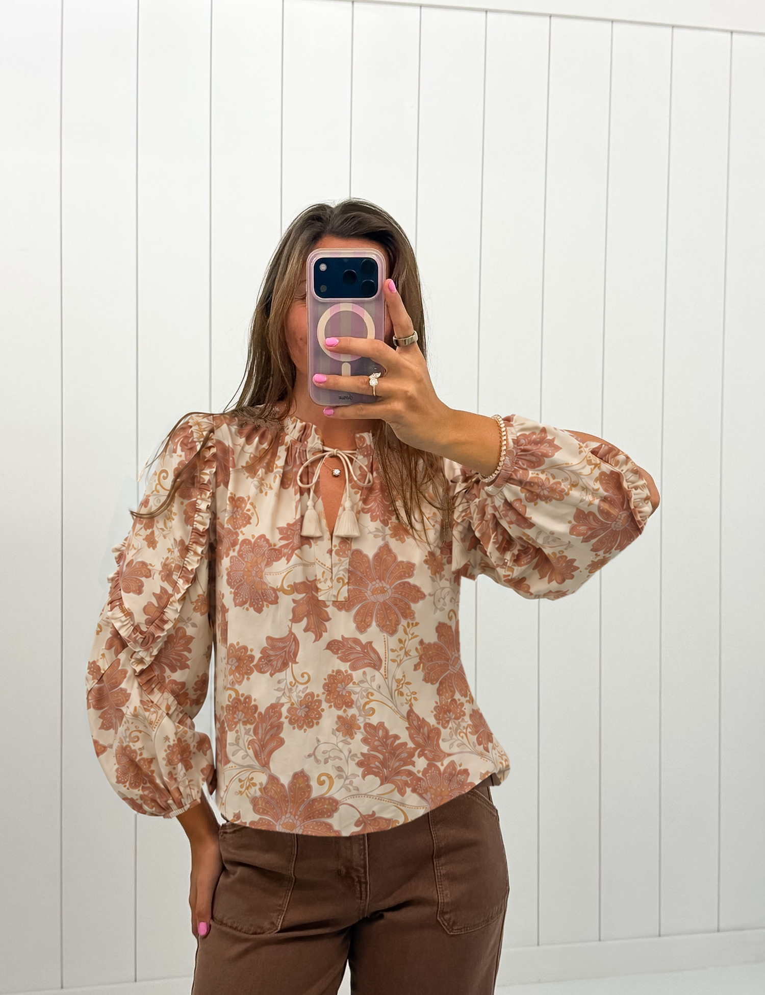 Beige Floral Print Ruffle Blouse