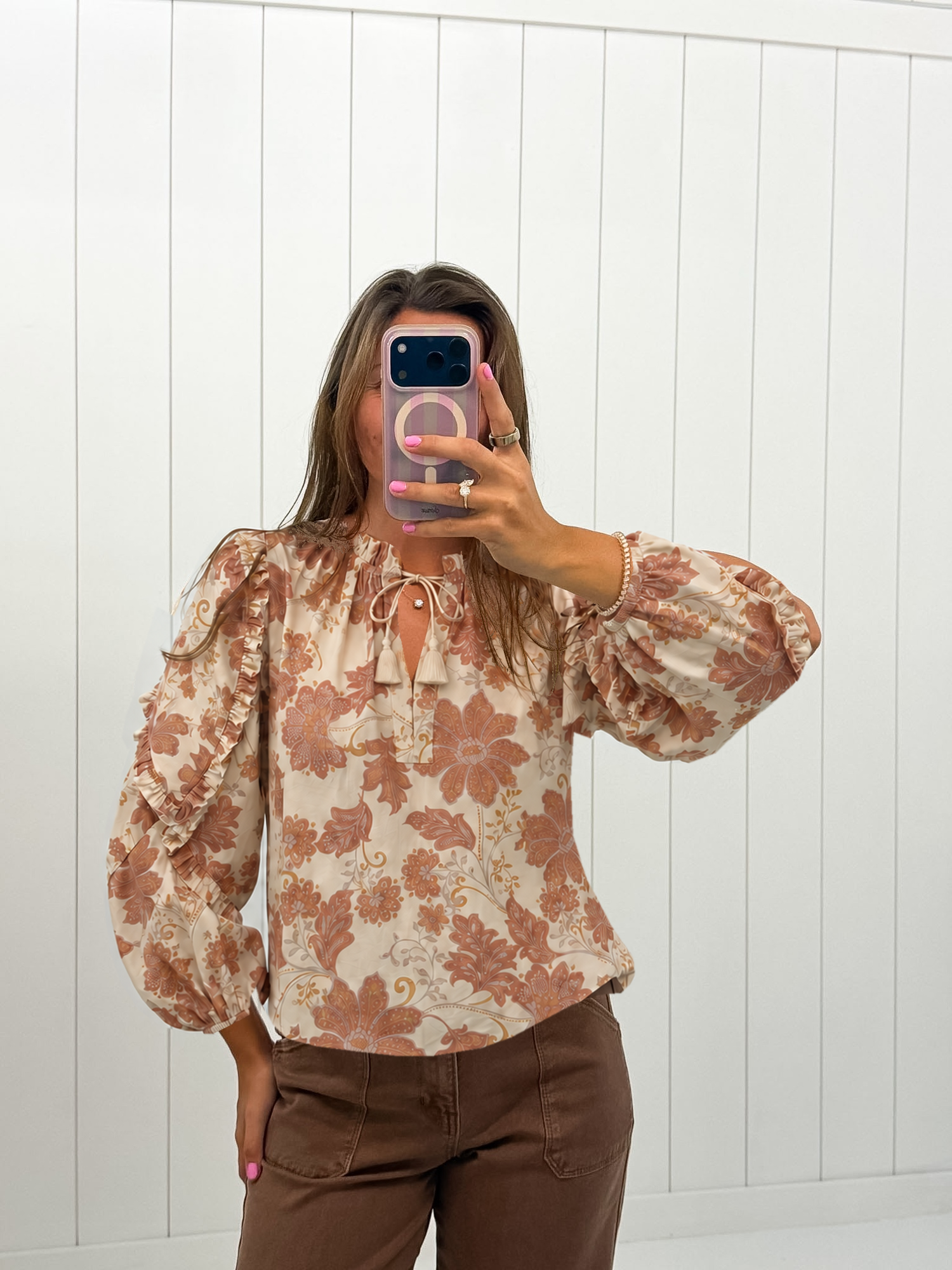 Beige Floral Print Ruffle Blouse