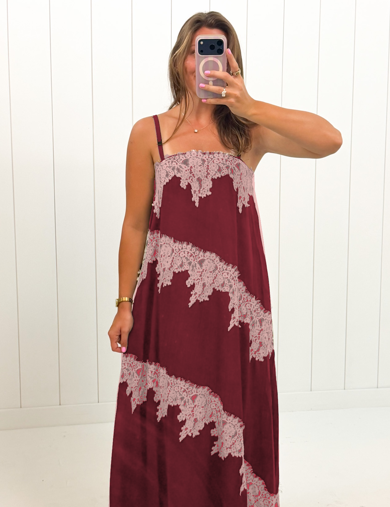 Red Contrast Lace Trim Maxi Dress