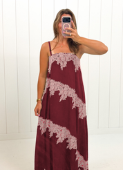 Red Contrast Lace Trim Maxi Dress