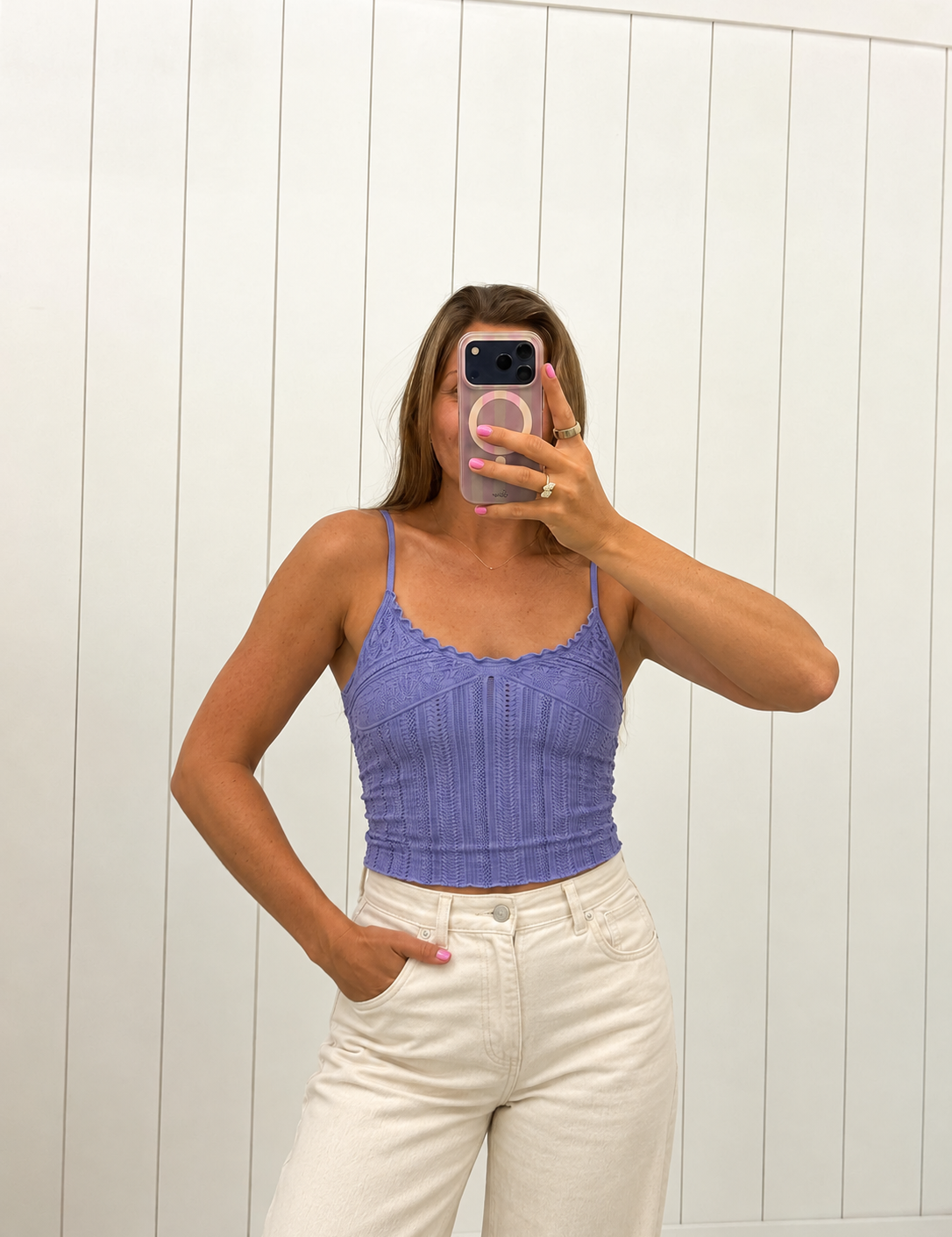 AI-assisted styled photo of Purple Jacquard Pattern Top on boutique owner, soft original-room lighting approved September 21 2026