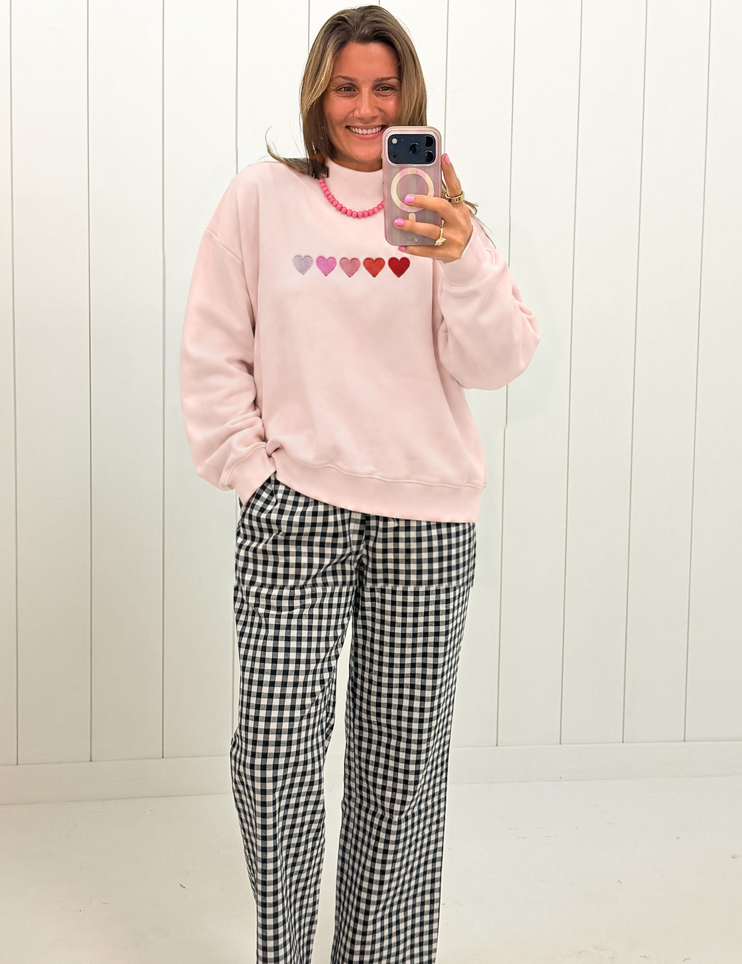 Pink Embroidered Hearts Graphic Mock Neck