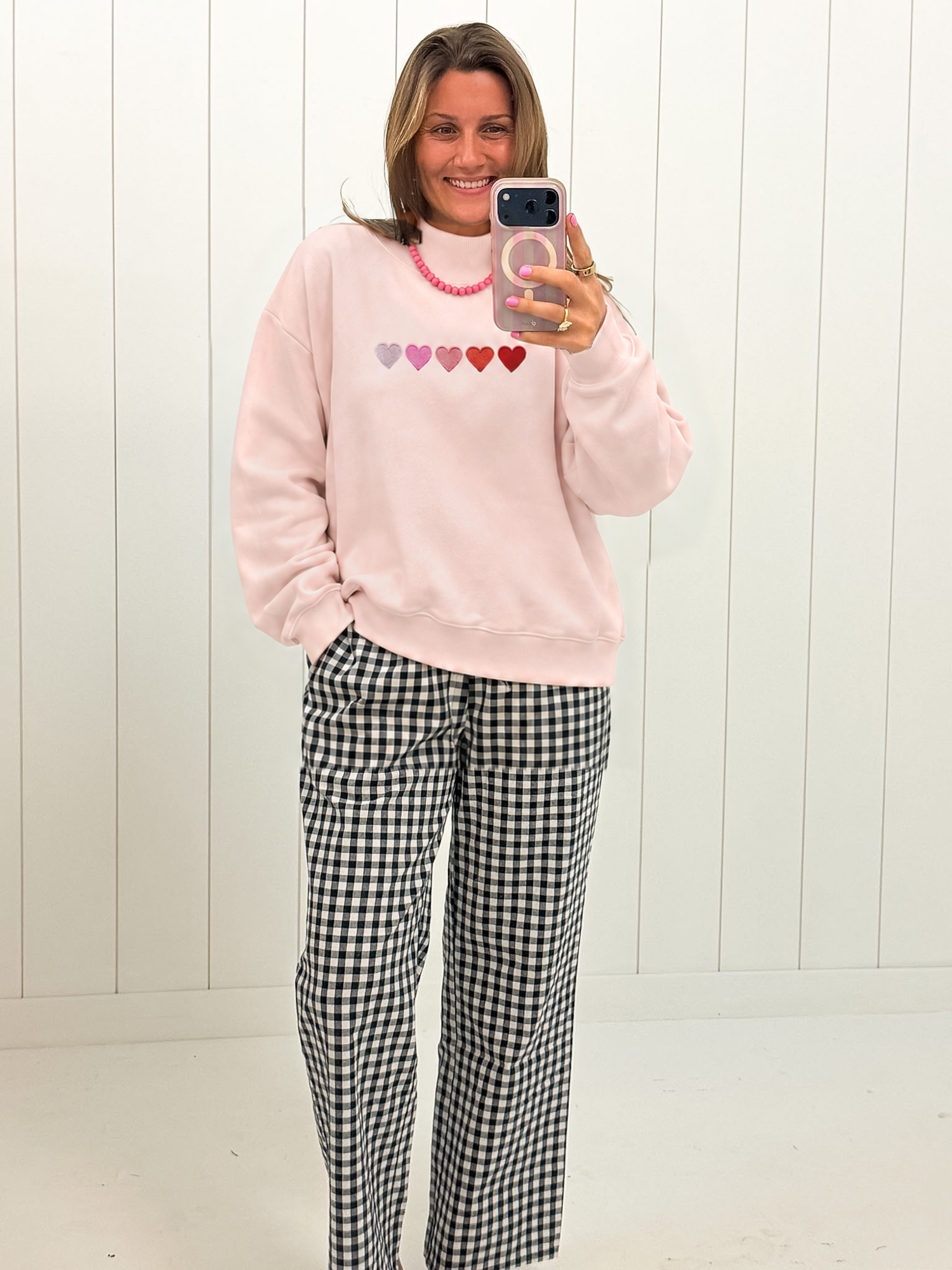 Pink Embroidered Hearts Graphic Mock Neck