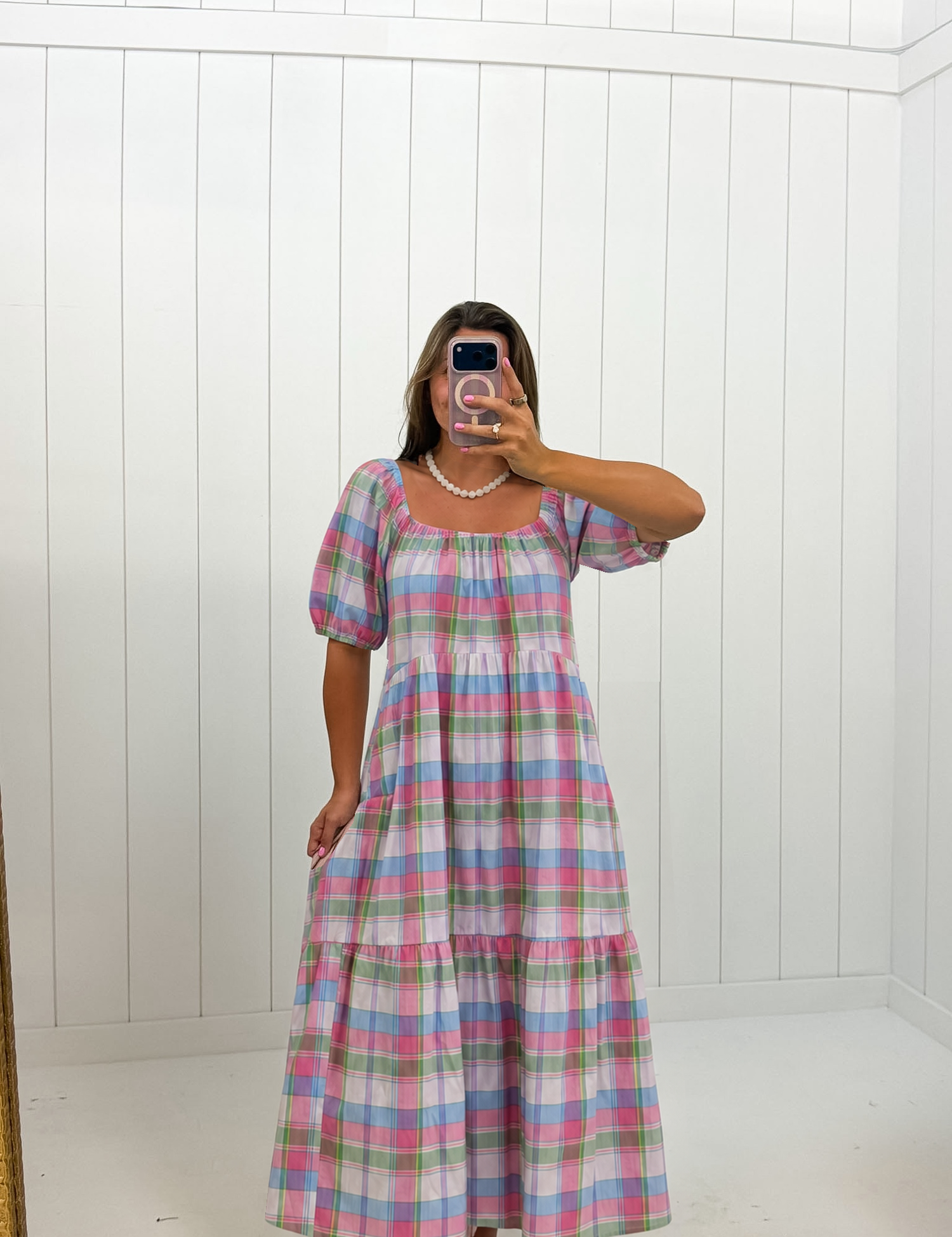 AI-assisted styled photo of Multi Color Plaid Midi Dress on boutique owner, soft original-room lighting approved September 21 2026
