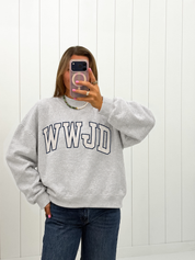 AI-assisted styled photo of Gray WWJD Mock Neck on boutique owner, soft original-room lighting approved September 21 2026