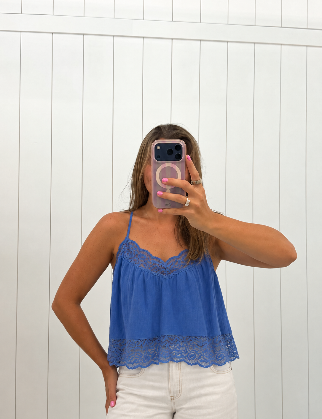 Blue V-Neck Lace Top