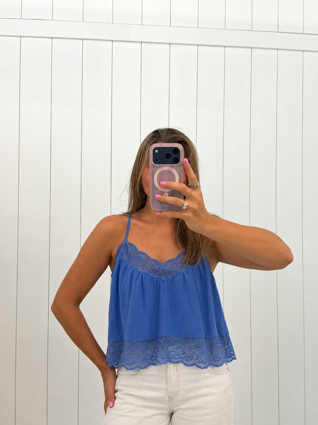 Blue V-Neck Lace Top