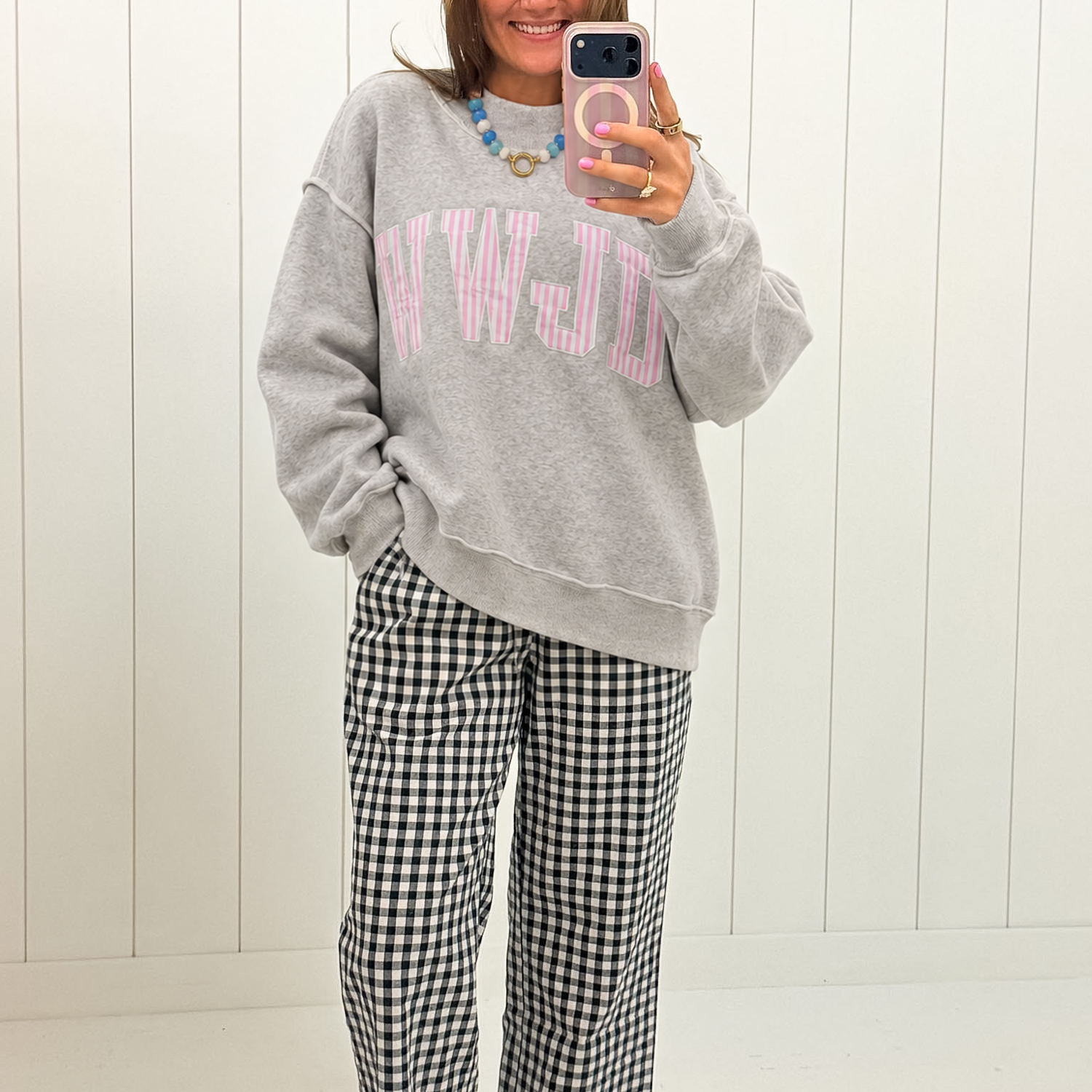 Stripe Embroidered WWJD Mock Neck