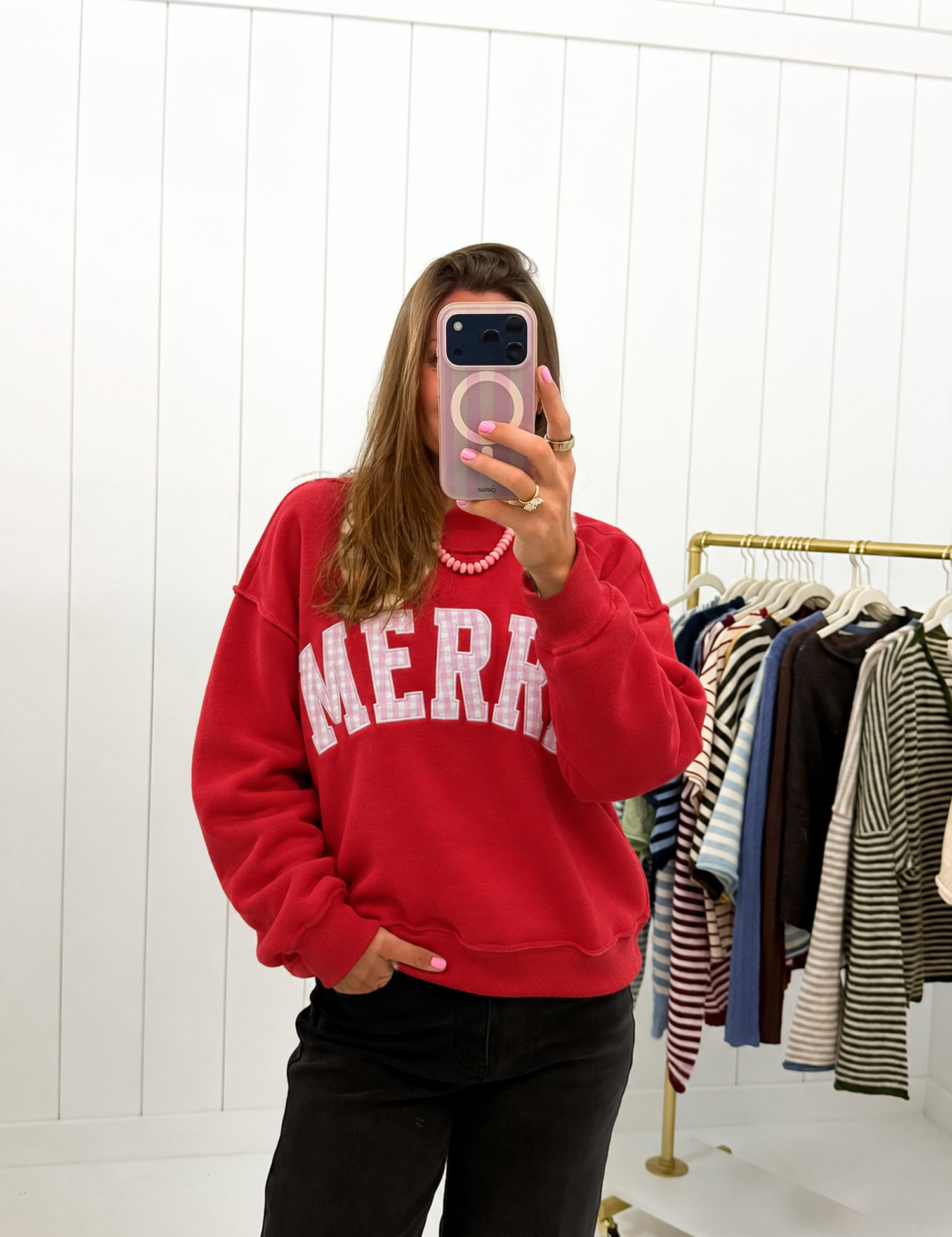 Pink Plaid 'MERRY' Embroidered Red Mockneck