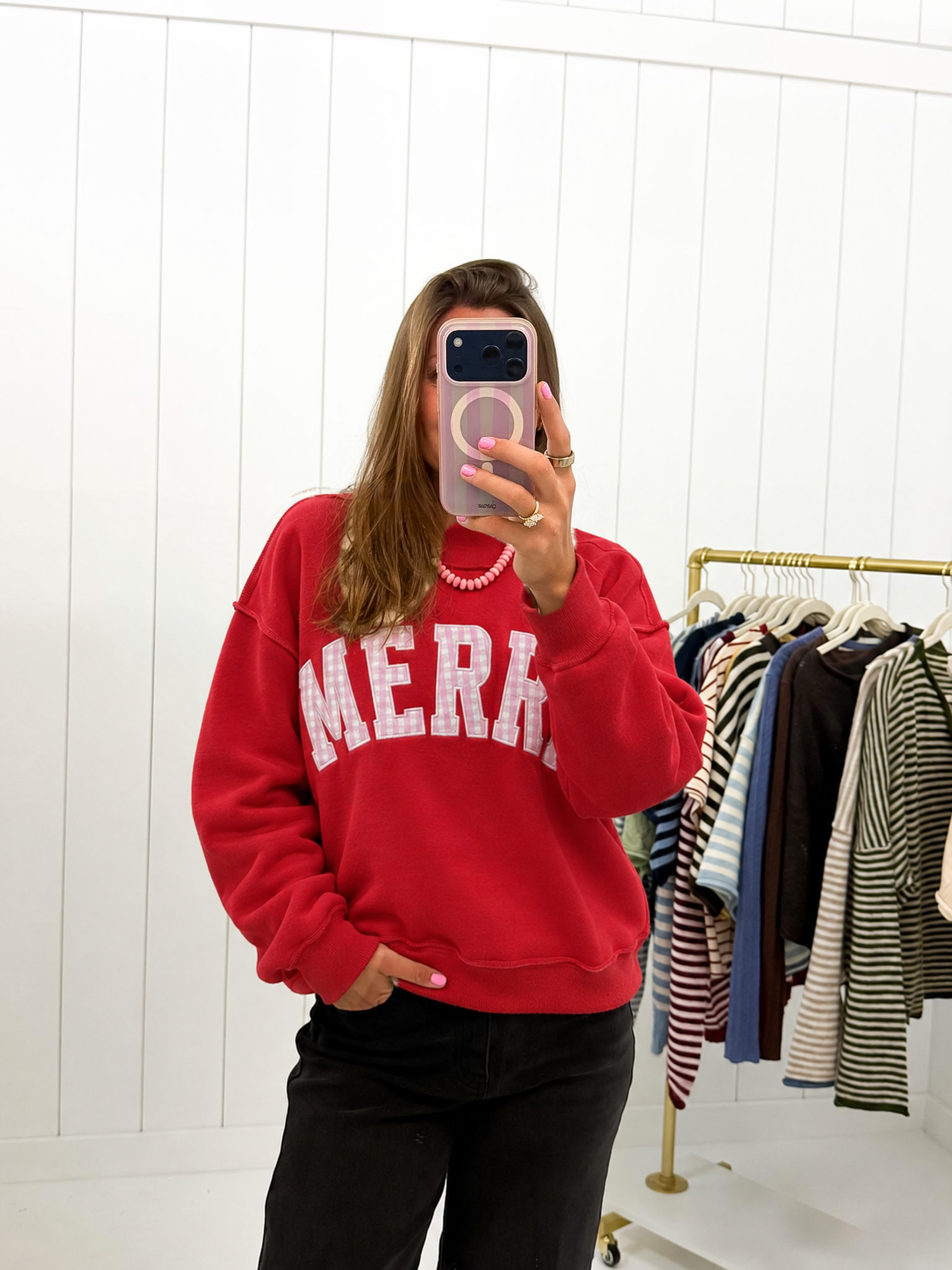 Pink Plaid 'MERRY' Embroidered Red Mockneck