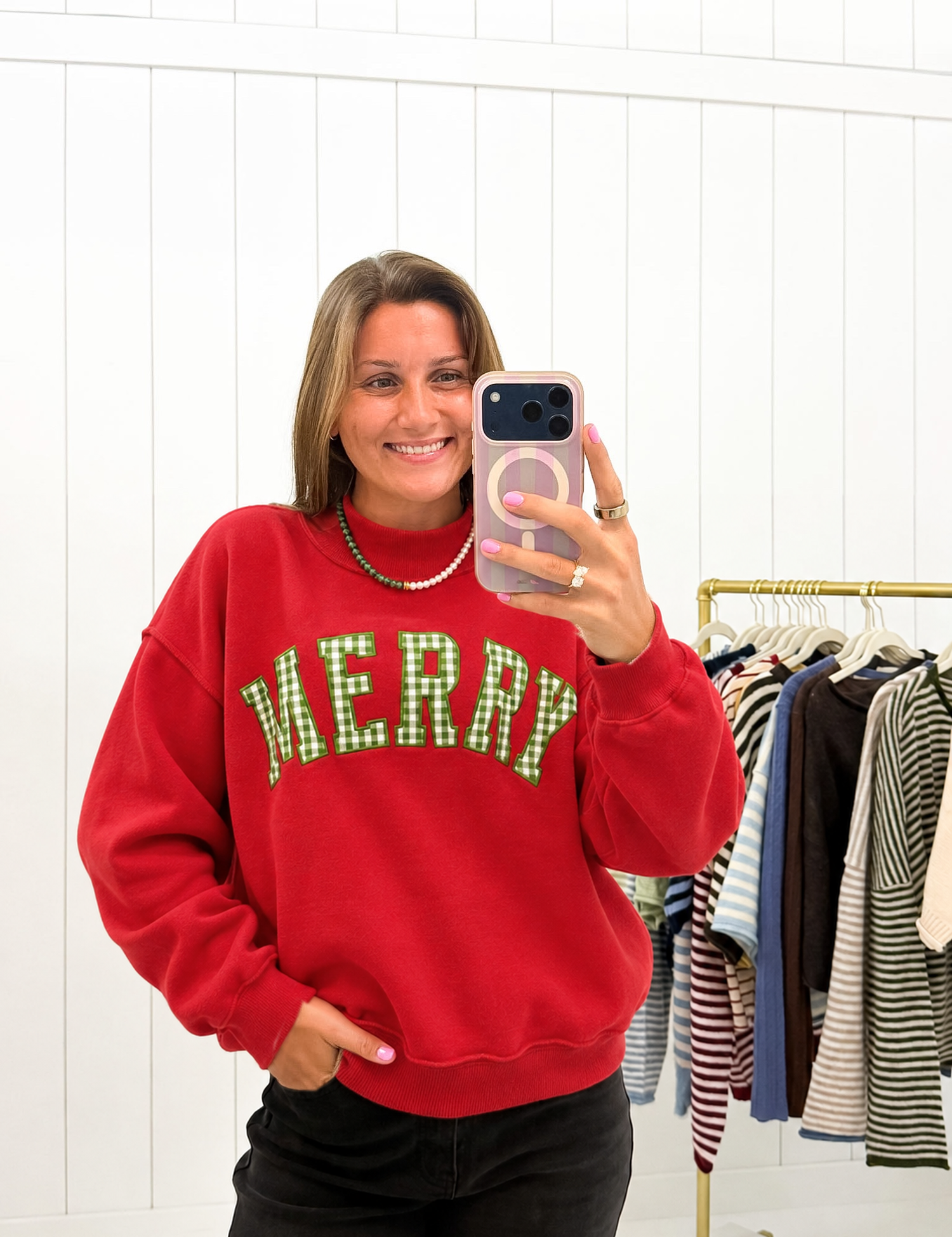 Green Plaid 'MERRY' Embroidered Red Mockneck