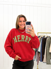 Green Plaid 'MERRY' Embroidered Red Mockneck