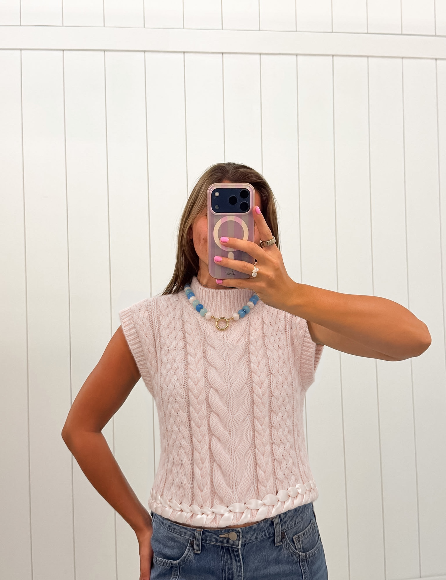 Light Pink Cable Knit Sweater Vest