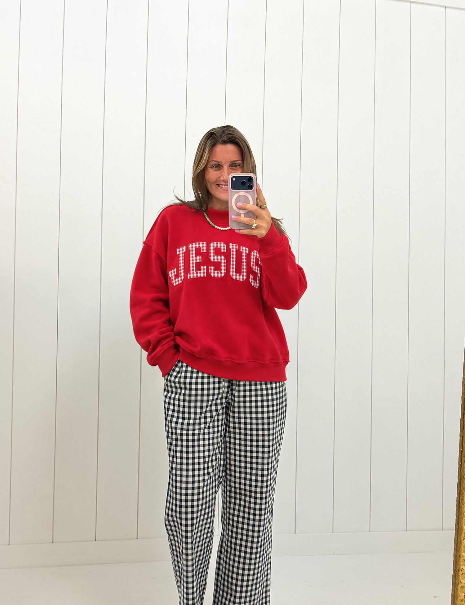 Red Gingham Jesus Mockneck