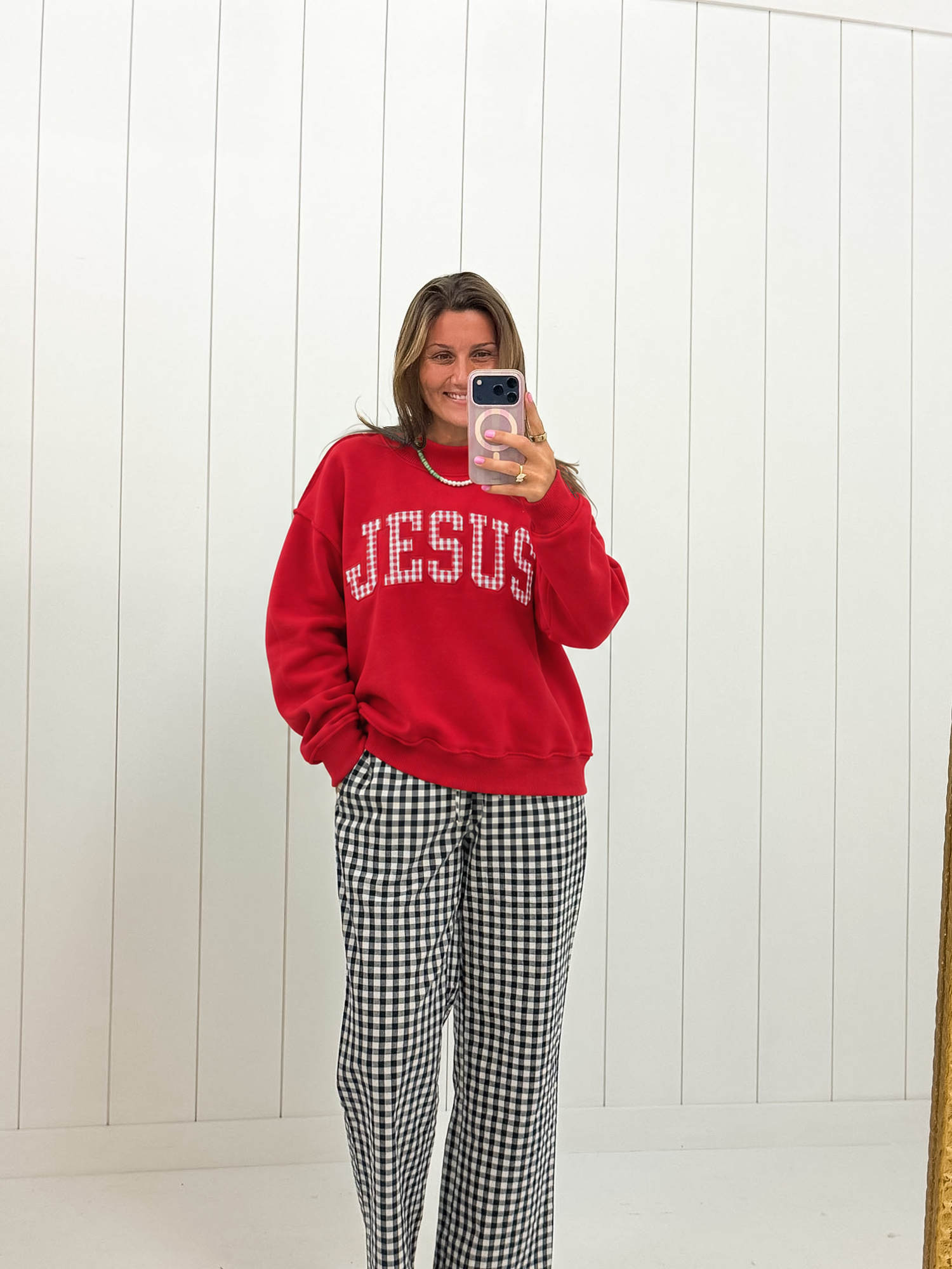 Red Gingham Jesus Mockneck