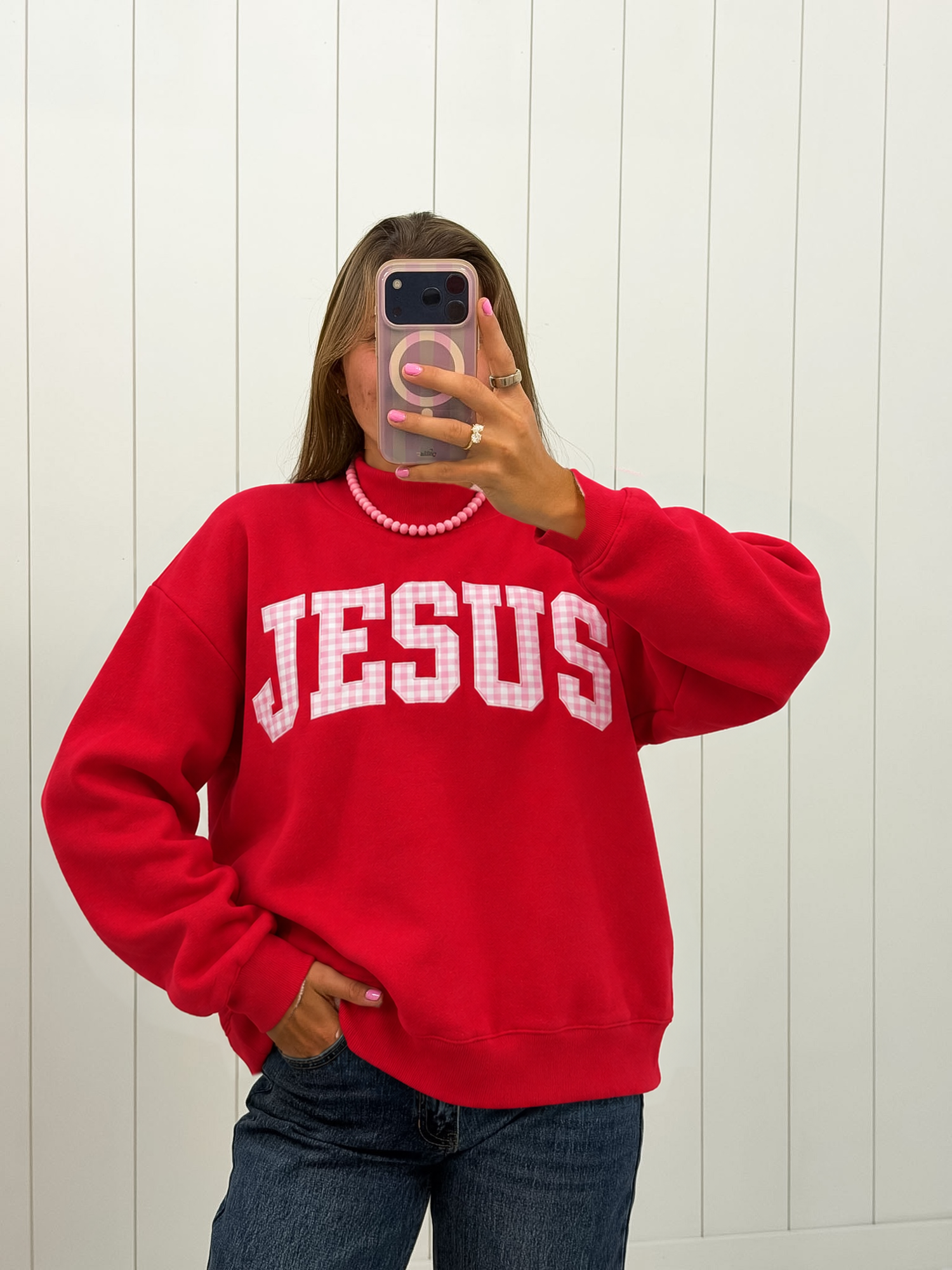Red &amp; Pink Gingham Jesus Mockneck