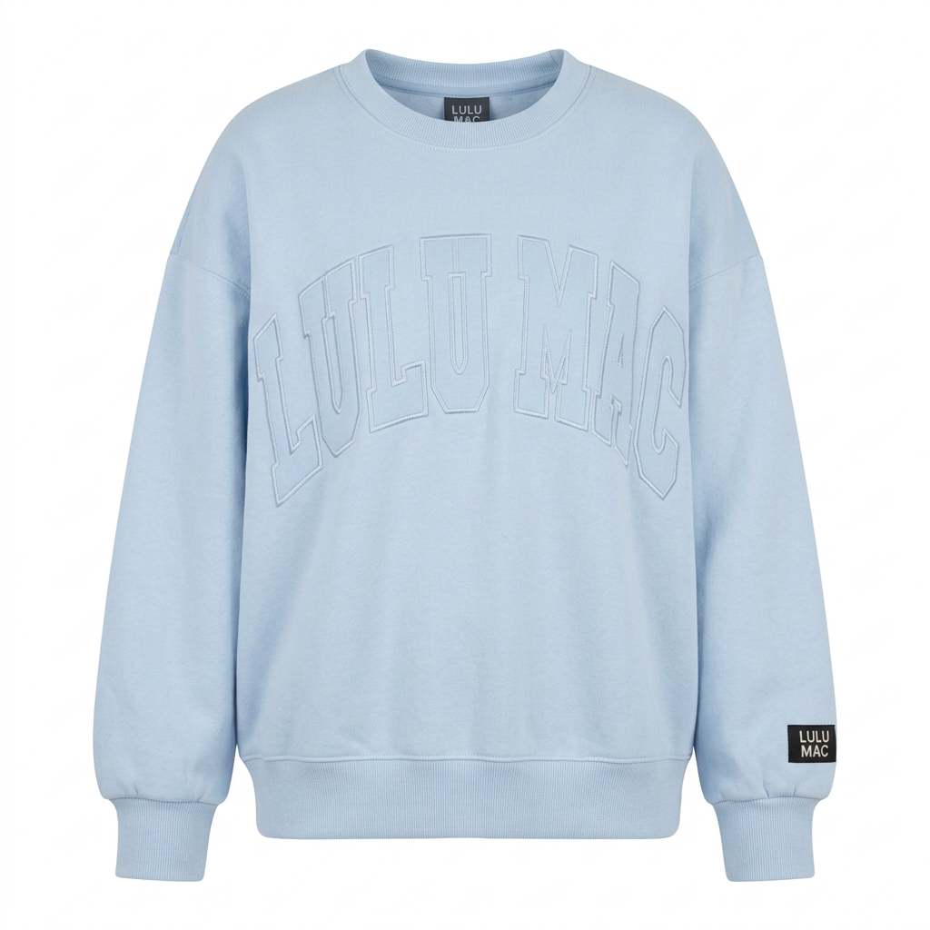 AI-assisted FASHN garment-only white-background product photo of Light Blue Sweatshirt Lulu Mac; approved September 24, 2026.